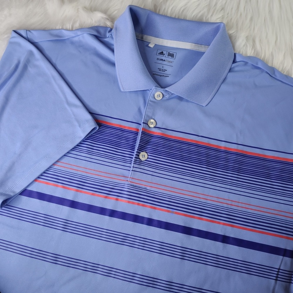 Adidas‎ Polo Shirt Mens Large Light Blue ClimaCool Striped Short Sleeve Golf